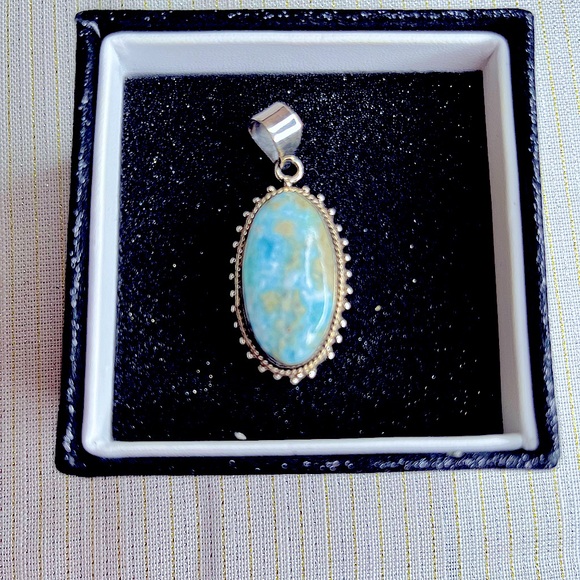Hand Crafted Jewelry - Stunning Oval Larimar Stone Silver Pendant (No Chain) Handcrafted